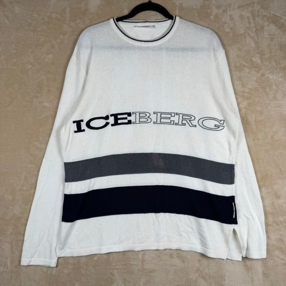 Iceberg Mens 2XL White Striped Logo Knit Sweater Made in Italy Gilmar Streetwear